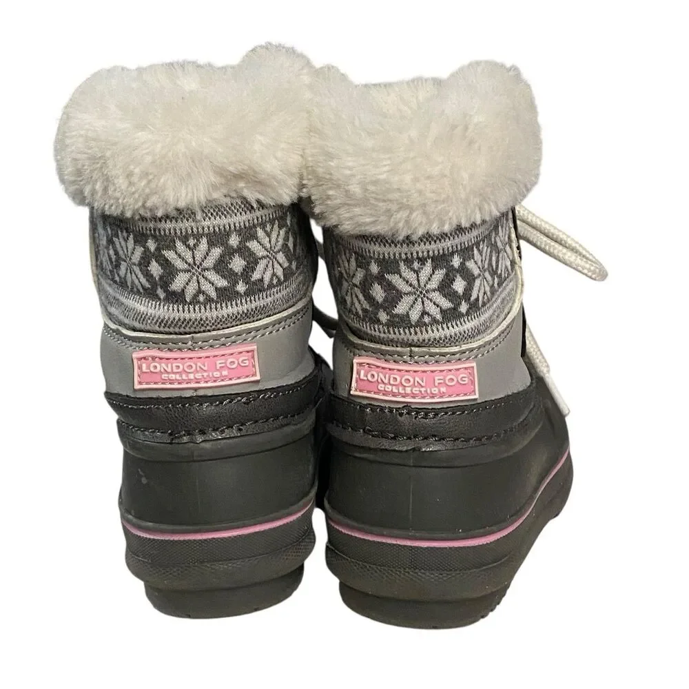 London Fog Lil Tottenham Winter Snow Boots Gray/Black/Pink Faux Fur Toddler Sz 7